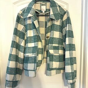 LC Lauren Conrad Green and Cream Plaid Teddy Jacket NWT